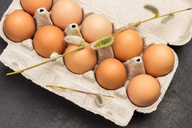 Faire dorer les œufs de poule dans un contenant en carton. Brindilles de saule sur les œufs. Mise à plat