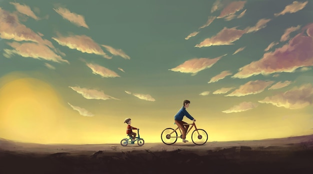 Faire du vélo au crépuscule Illustration art numérique dessiné à la main, peinture numérique