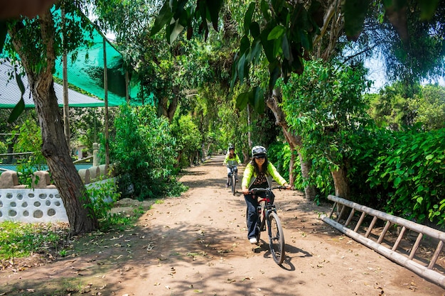 Faire du vélo à travers la forêt avec un toit vert