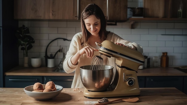 Photo faire un gâteau à l'aide d'une machine à mélanger