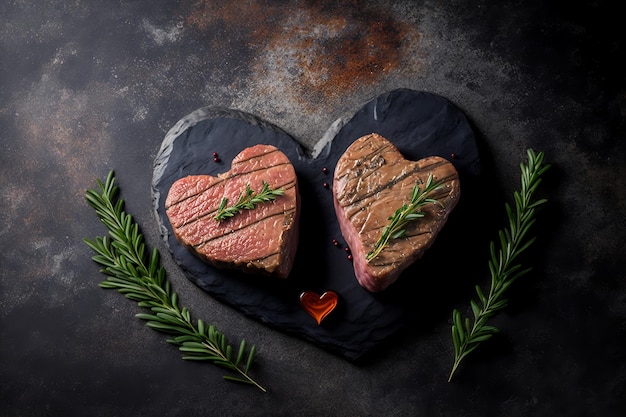 Faire griller deux steaks de bœuf marbrés en forme de cœur avec des épices sur un fond de pierre AI générative