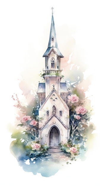 Faire-part de mariage aquarelle avec chapelle et embellissements de roses AI générative