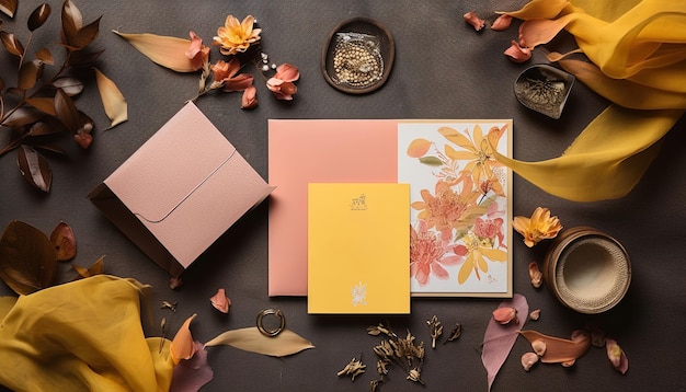 Faire-part de mariage contemporain présentant une belle palette de couleurs rose et jaune