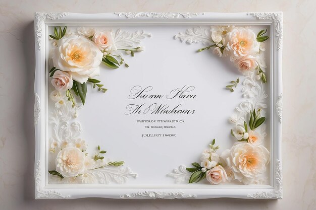 Faire-part de mariage ou invitation de douche nuptiale cadre en bois blanc décoré de fleurs espace vide pour un texte