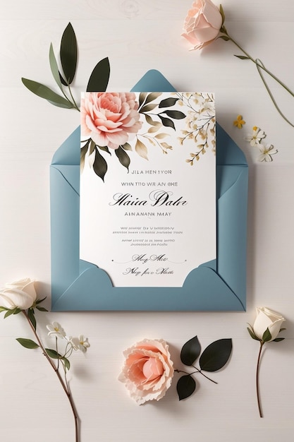 un faire-part de mariage pour un mariage avec des fleurs et un lieu pour votre mariage.