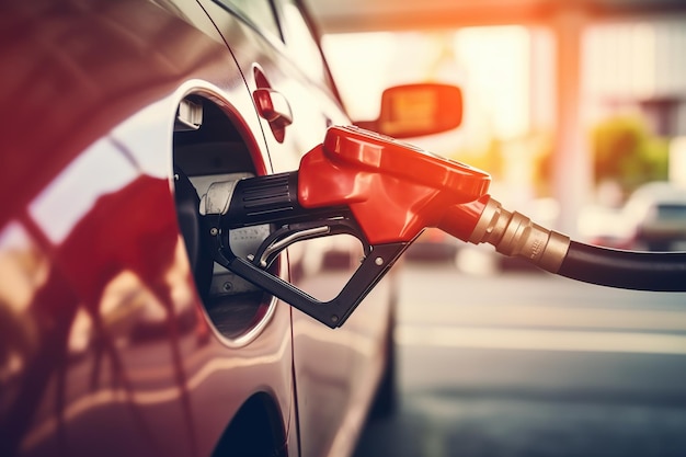 Faire le plein de la voiture dans une station-service au coucher du soleil flou