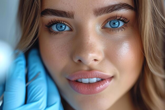 Photo faire professionnellement souriante belle femme est d'avoir ses dents examinées par le dentiste dans la clinique