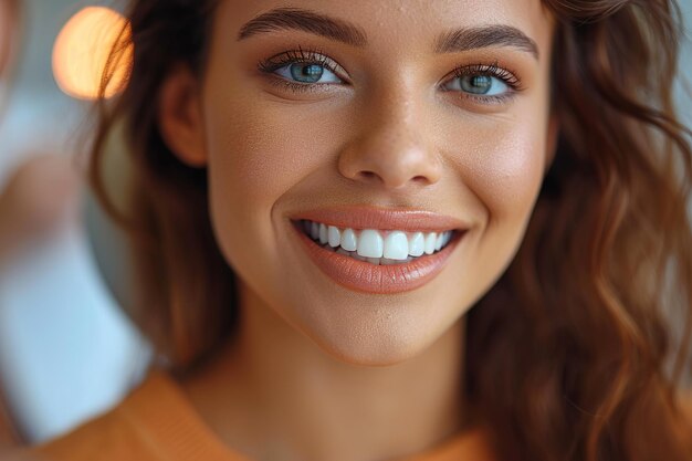 Photo faire professionnellement souriante belle femme est d'avoir ses dents examinées par le dentiste dans la clinique