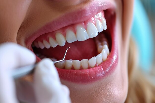 Photo faire professionnellement souriante belle femme est d'avoir ses dents examinées par le dentiste dans la clinique