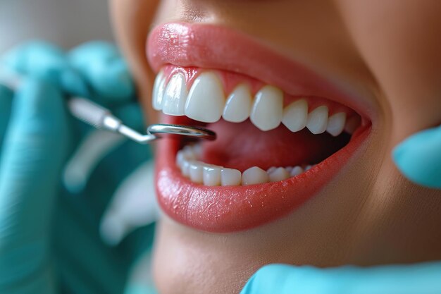 Photo faire professionnellement souriante belle femme est d'avoir ses dents examinées par le dentiste dans la clinique