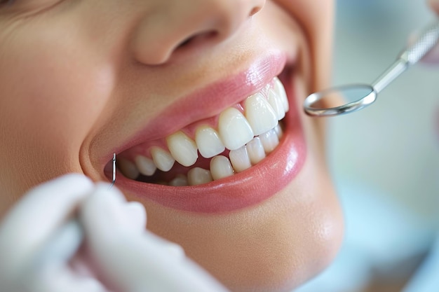 Photo faire professionnellement souriante belle femme est d'avoir ses dents examinées par le dentiste dans la clinique