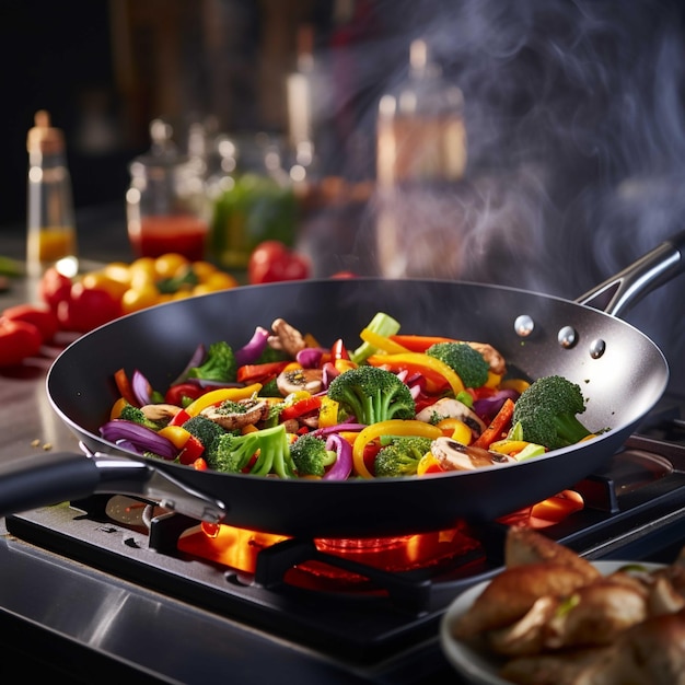 Faire sauter les légumes dans un wok sur une cuisinière à gaz