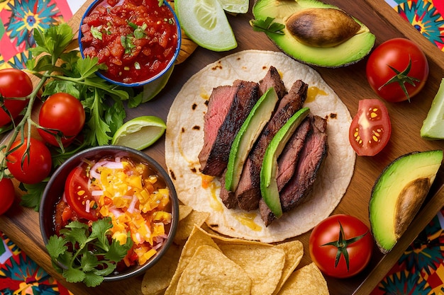 Faire des tacos avec du steak grillé, de l'avocat et des tomates, un concept de nourriture mexicaine.