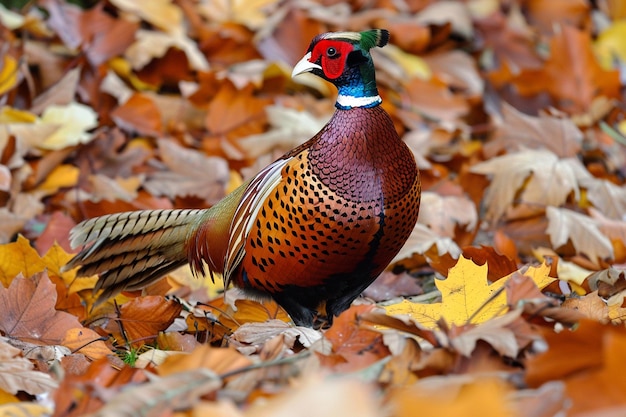 Un faisan en pleine exposition parmi les feuilles d'automne