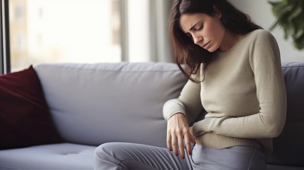 Photo faisant semblant de souffrir une femme adulte fait semblant d'avoir mal à l'estomac sur le canapé