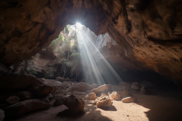 Un faisceau de lumière du soleil illumine la grotte ai générative