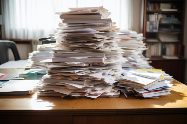 Photo des faisceaux des balles de papiers des documents des piles des paquets sur le bureau dans le bureau ai généré