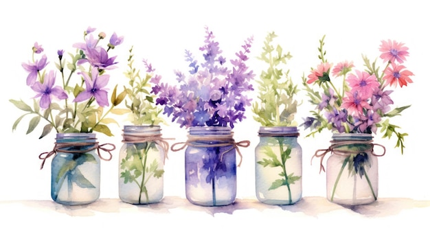 Des faisceaux débordants de fleurs sauvages violettes dans trois jarres de maçon générées par l'IA