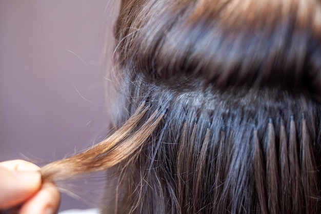 Faisceaux d'extensions de cheveux sur la tête d'une femmeExtensions de cheveux pour épaissir les mèches individuelles