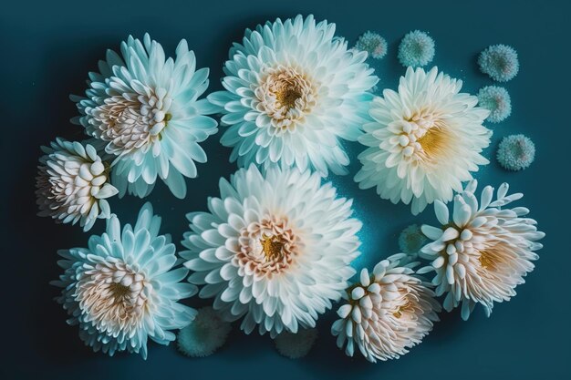Faites flotter des chrysanthèmes blancs sur une piscine bleue