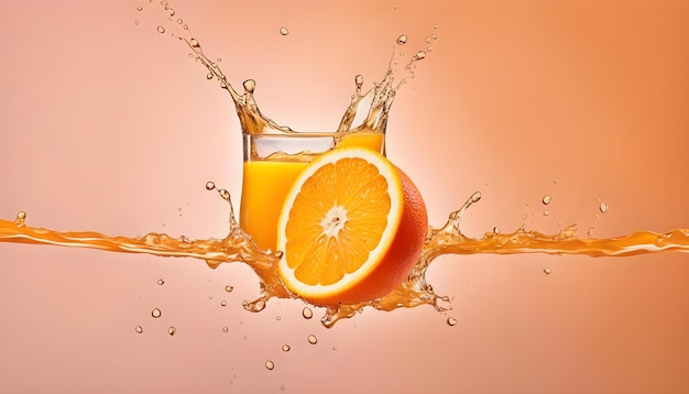 Faites glisser un morceau de goutte d'orange coupé sur fond orange avec de l'eau éclaboussée de jus d'orange avec espace de copie