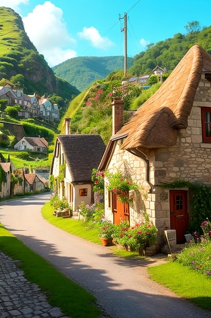 Faites une promenade à travers un pittoresque village de dessins animés avec sa colline vallonnée