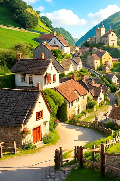 Faites une promenade à travers un pittoresque village de dessins animés avec sa colline vallonnée