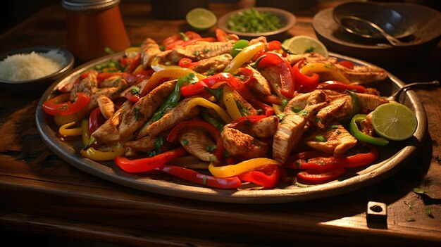 Photo fajitas de poulet un plat brûlant de poulet assaisonné des poivrons et des oignons colorés