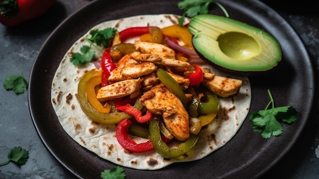 fajitas avec salsa d'avocat lanières de poulet juteuses cuites avec des poivrons et des oignons Imag IA générative