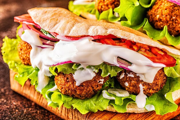 Falafel et légumes frais dans du pain pita sur fond sombre.