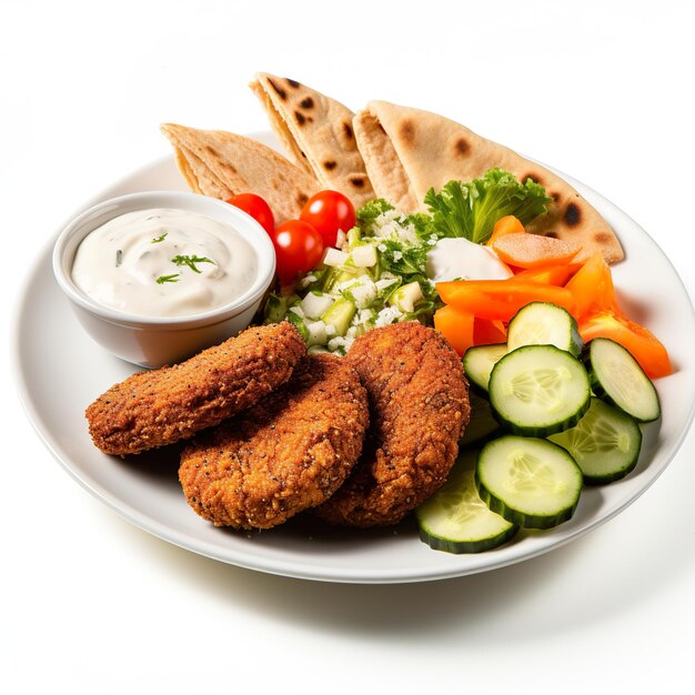 Falafel végétarien frais avec sauce tzatziki et légumes frais isolés sur fond blanc