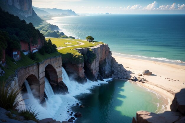 Une falaise avec une cascade et une maison dessus