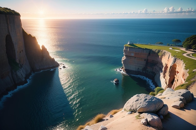 Une falaise dans l'océan avec une herbe verte sur la falaise