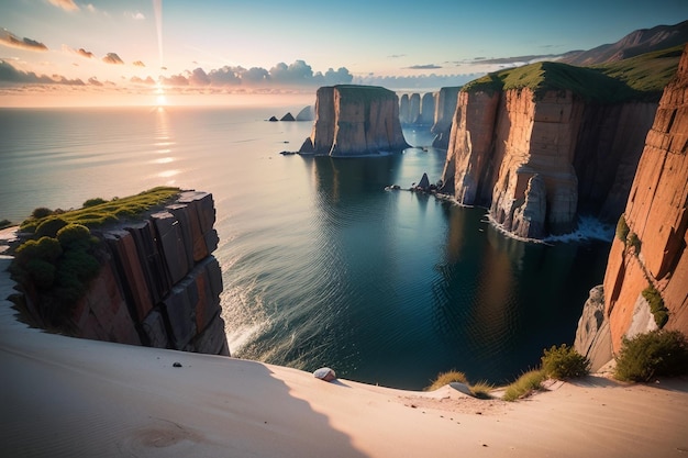 Une falaise dans l'océan avec le soleil se couchant derrière