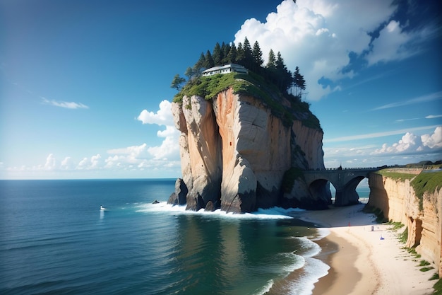 Une falaise sur une plage avec une maison dessus