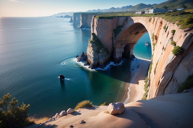Une falaise avec un pont sur l'océan
