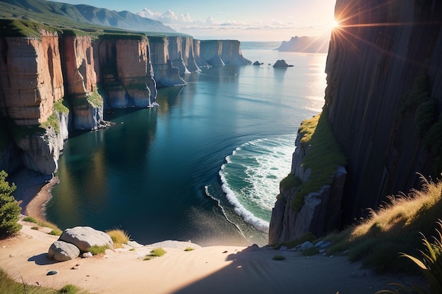 Une falaise avec le soleil couchant sur l'océan