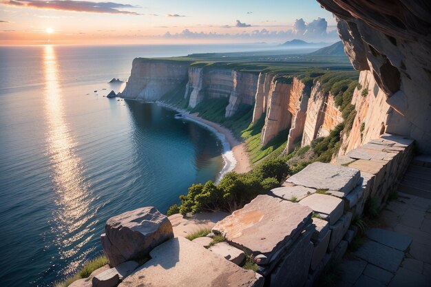 Une falaise avec vue sur la mer et les montagnes en arrière-plan