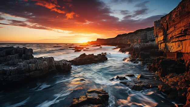 Des falaises côtières spectaculaires au coucher du soleil.