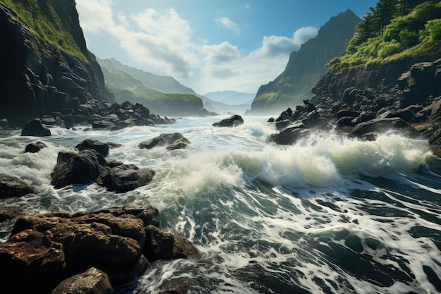 Des falaises côtières spectaculaires se dressent contre les vagues qui s'écrasent.