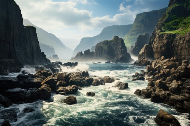 Des falaises côtières spectaculaires se dressent contre les vagues qui s'écrasent.