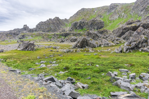 Falaises rocheuses sur la côte de la mer de Barents, parc national de Varangerhalvoya, péninsule de Varanger, Finnmark, Norvège