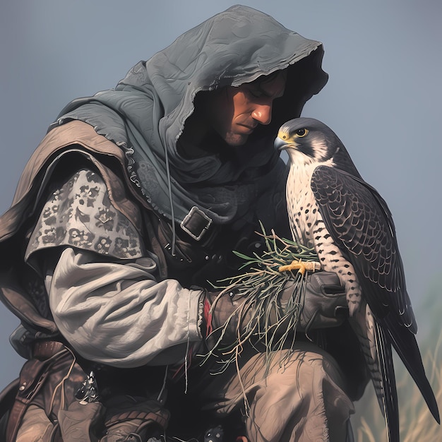 Falconer historique dans le costume médiéval