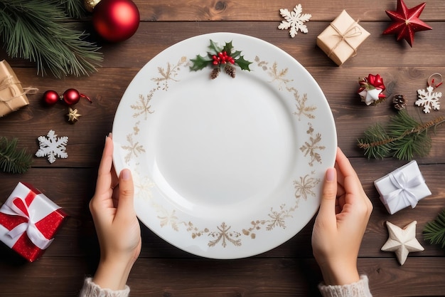 Photo famale tient une assiette blanche sur fond de bois avec une décoration de noël