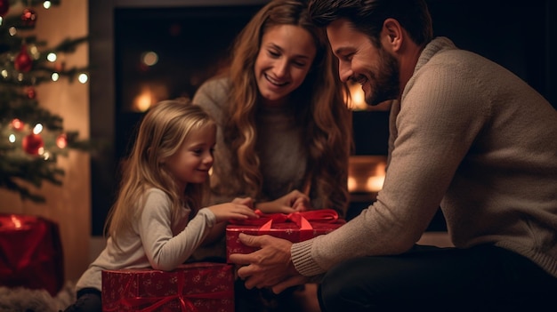 Photo familia feliz disfrutando de la navidad junto a la chimenea développant des cadeaux et sonriendo