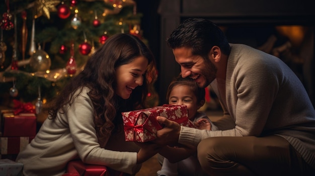 Familia feliz disfrutando de la Navidad junto a la chimenea développant des cadeaux et sonriendo