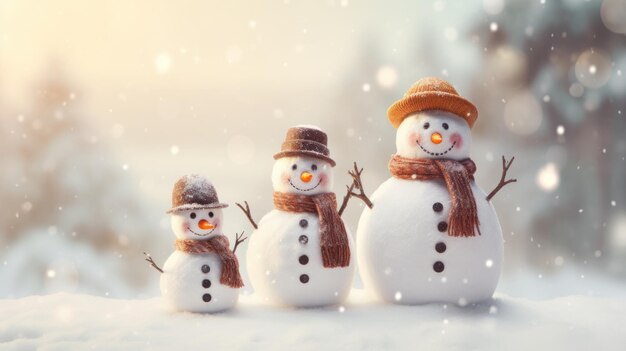 La famille adorable du bonhomme de neige célèbre les fêtes de Noël sur un fond enneigé généré par l'IA