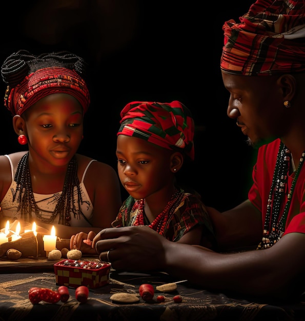 Une famille africaine en costumes traditionnels célèbre Kwanzaa entourée de bougies