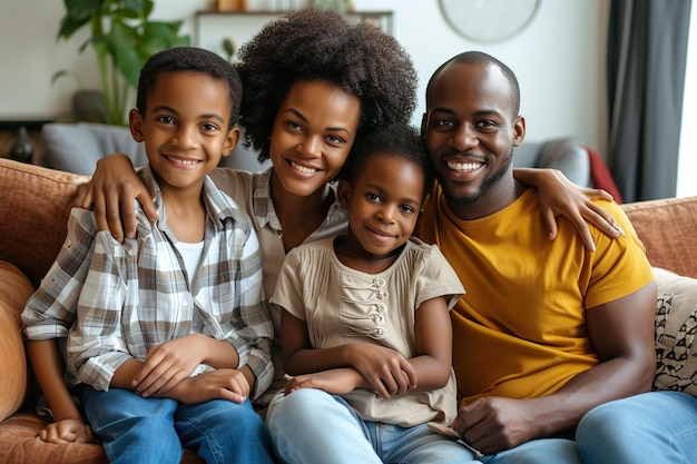 Photo une famille afro-américaine heureuse posant ensemble sur le canapé à la maison dans le salon.