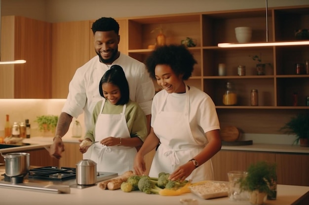 Une famille afro-américaine heureuse prépare des aliments sains ensemble dans la cuisine.